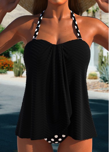 women clothes image of Cross Hem Polka Dot Black Tankini Set
