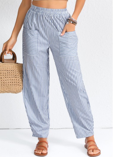 women clothes image of Dusty Blue Patchwork Striped Elastic Waist High Waisted Pants