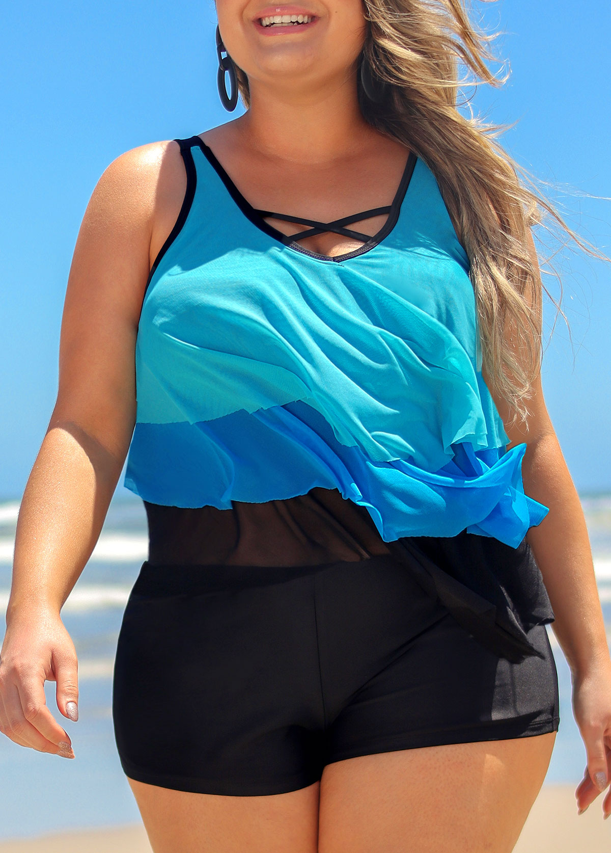 Blue Plus Size Layered Hem Cross Strap Tankini Set | picture 