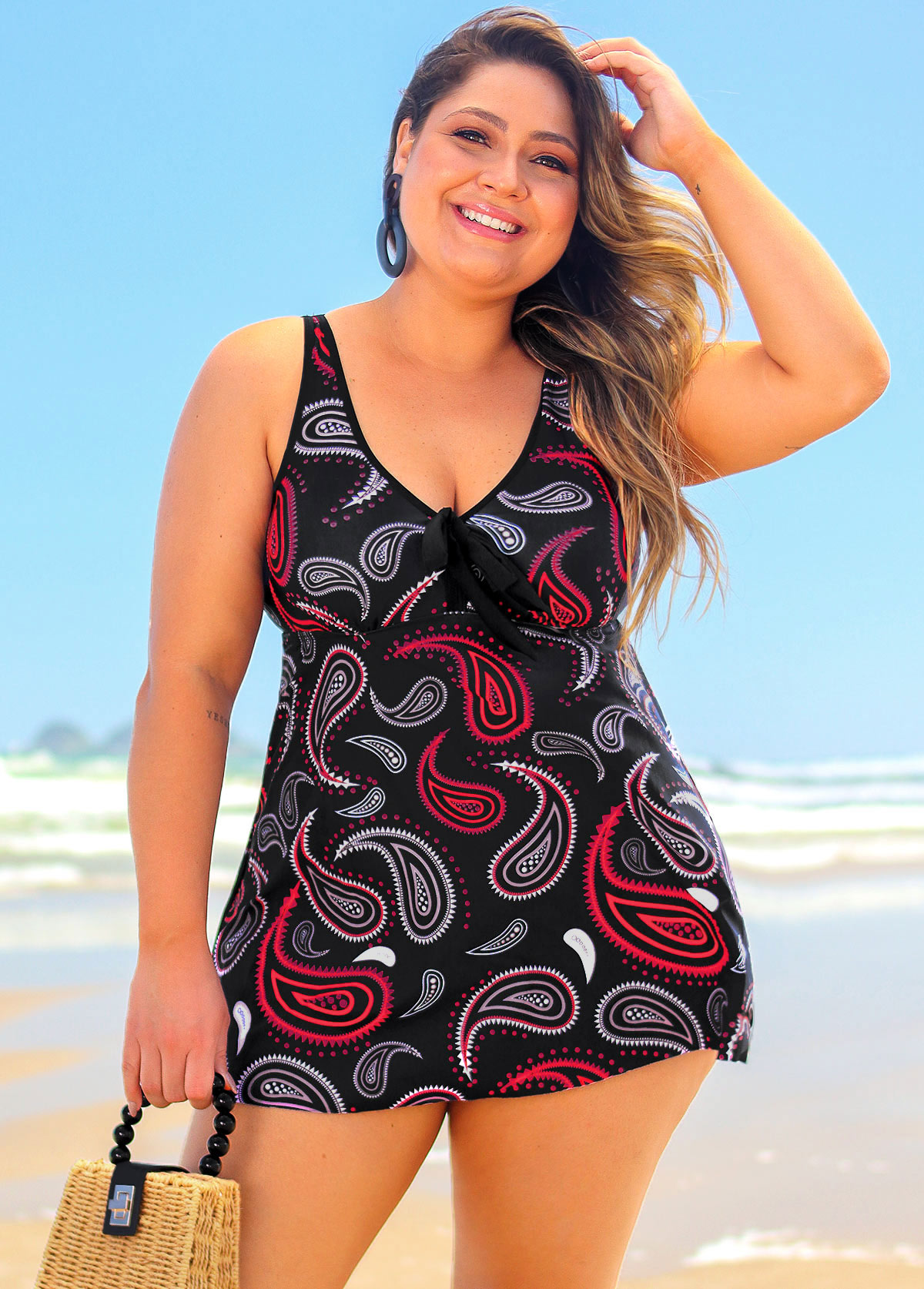 Plus Size Criss Cross Black Paisley Print Tankini Set | picture 