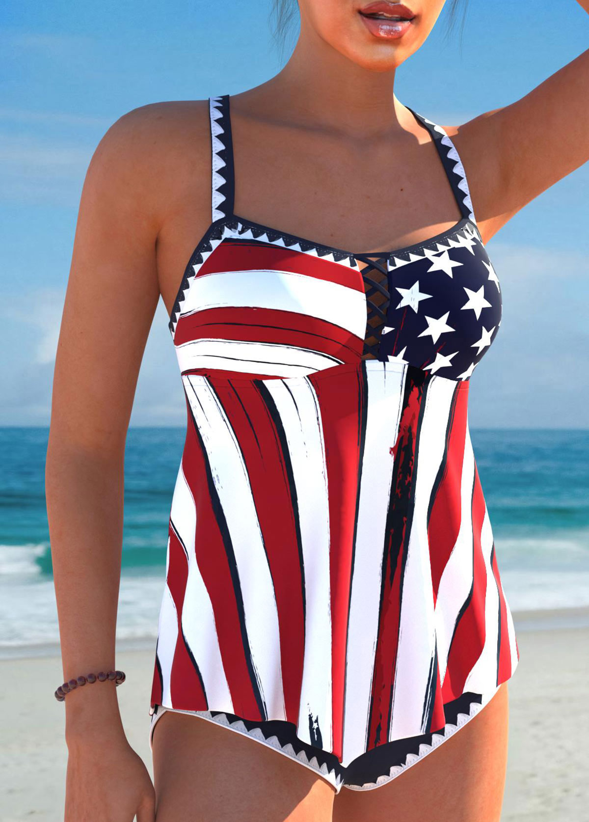 American Flag Criss Cross Navy Circular Ring Tankini Set | picture 