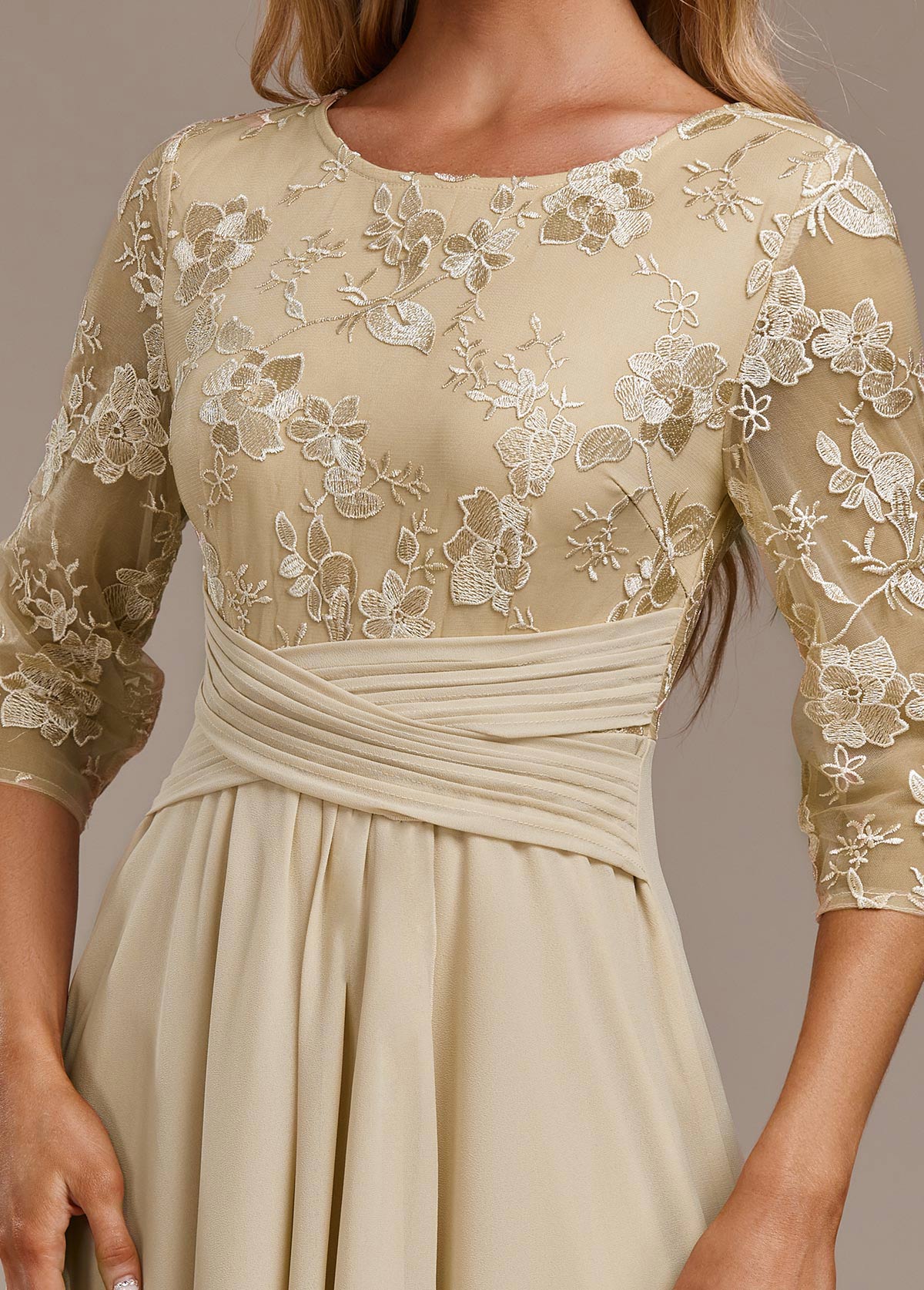 JKS.2066 Girls' Rose Embroidered Flower Girl Dress - V-Neck Tea-Length Formal Dress In Champagne, Size 6 - View #5