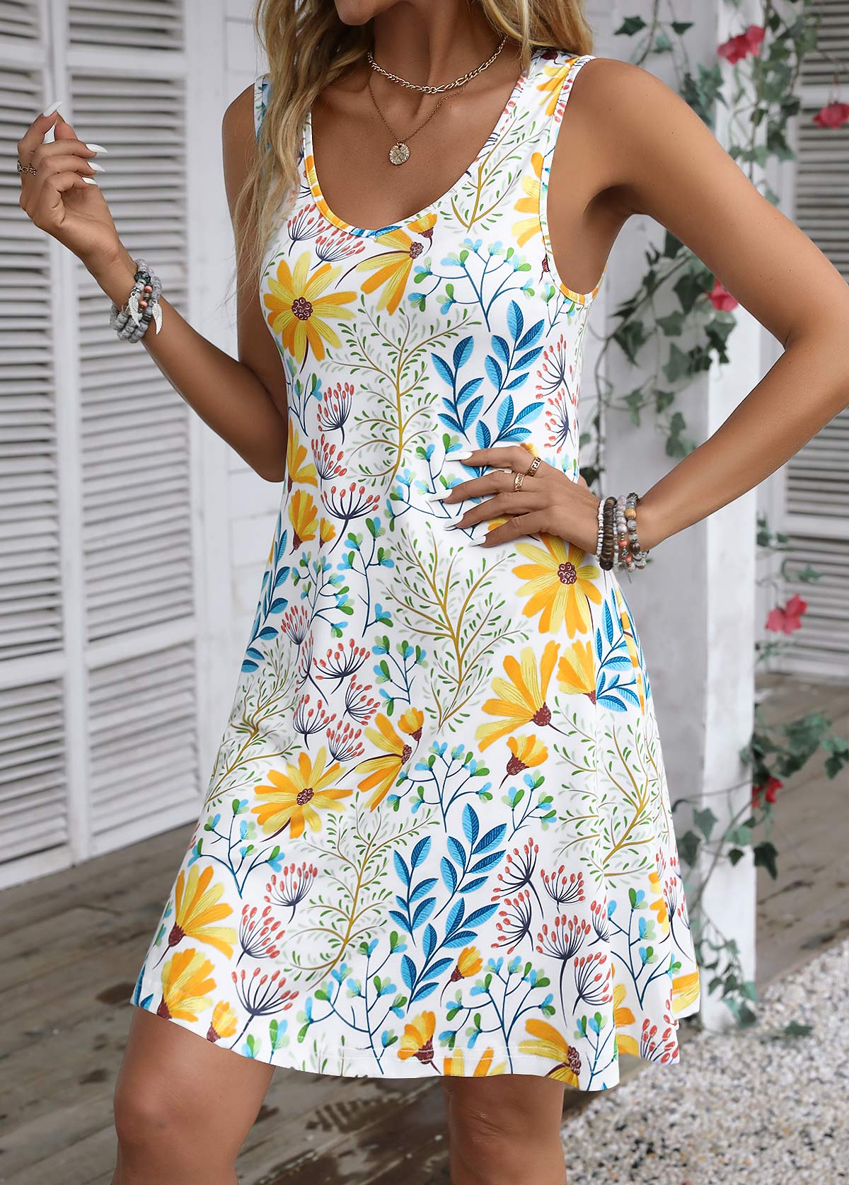 White Lightweight Floral Print A Line Sleeveless Dress | picture 