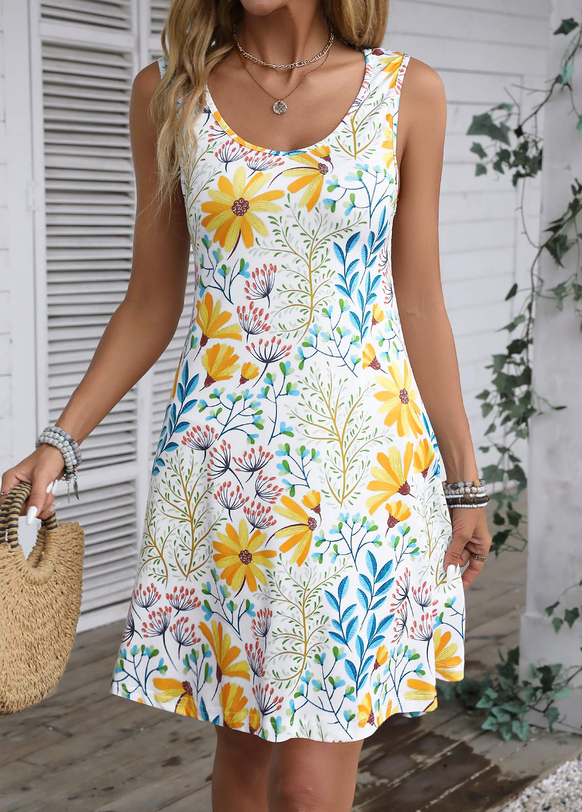 White Lightweight Floral Print A Line Sleeveless Dress | picture 