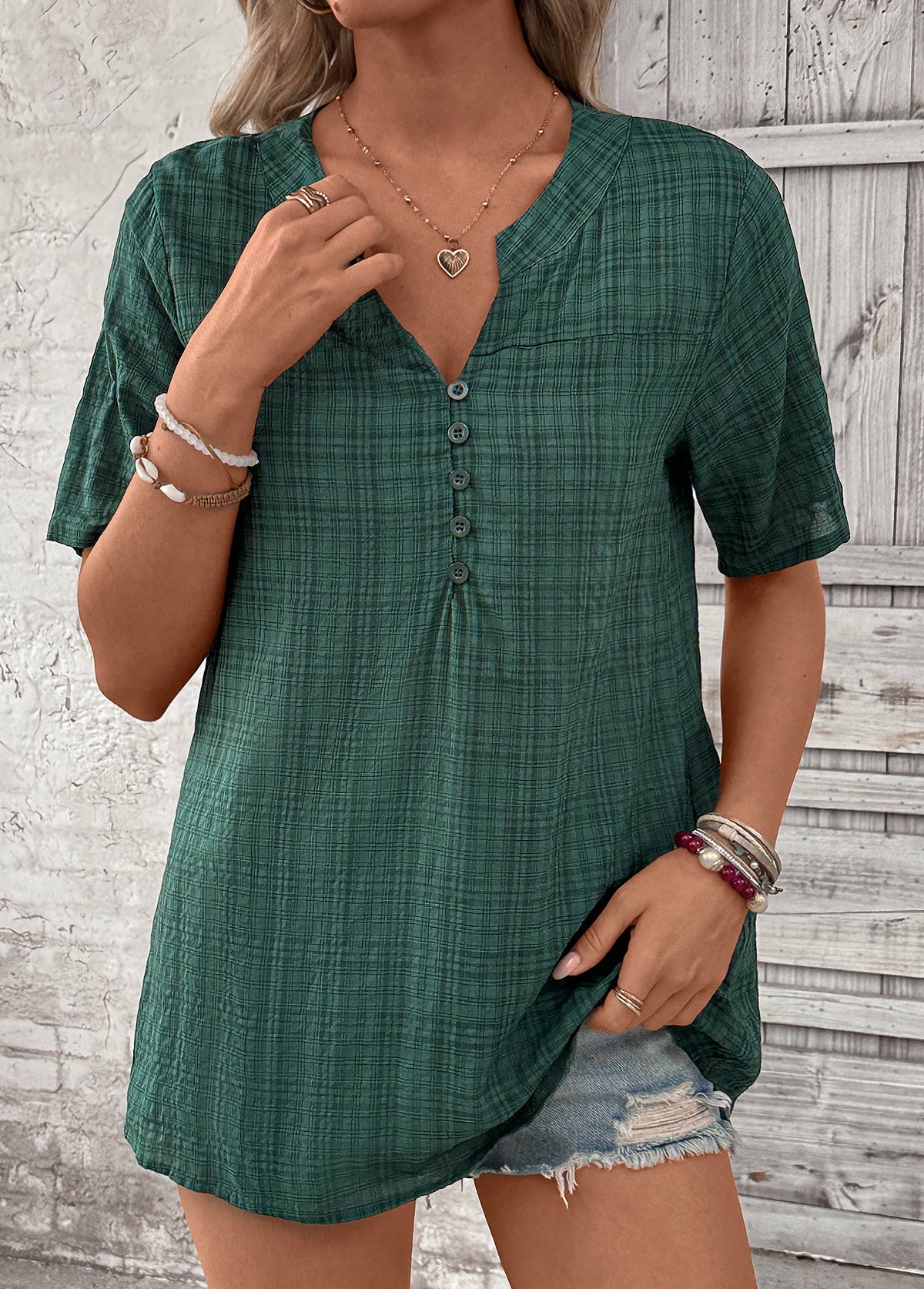 Blackish Green Button Plaid Short Sleeve Split Neck Blouse | picture 