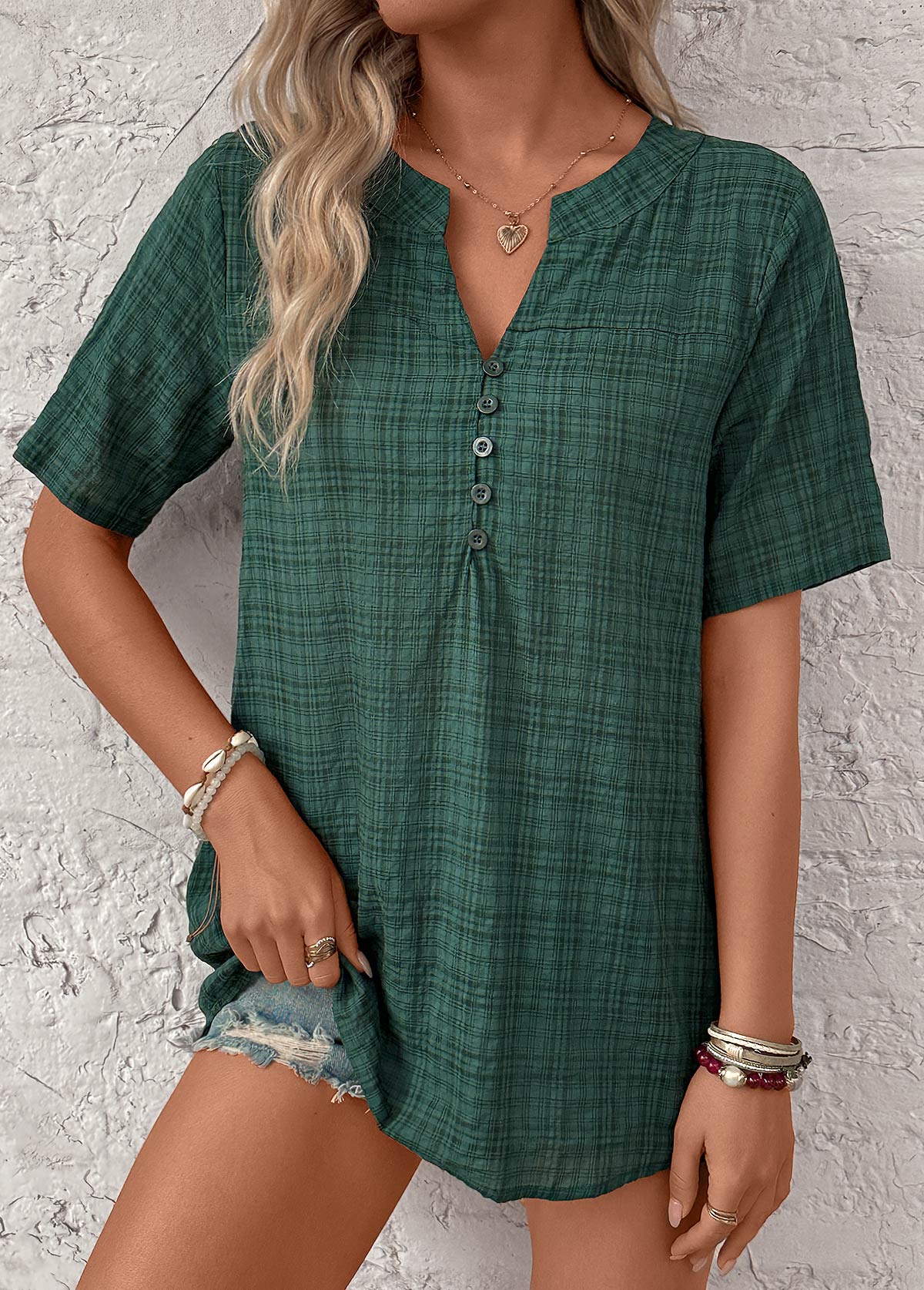 Blackish Green Button Plaid Short Sleeve Split Neck Blouse | picture 