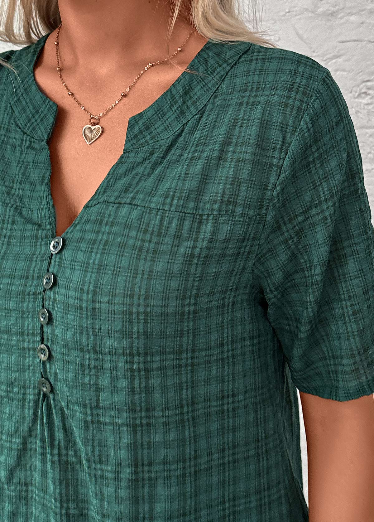 Blackish Green Button Plaid Short Sleeve Split Neck Blouse | picture 