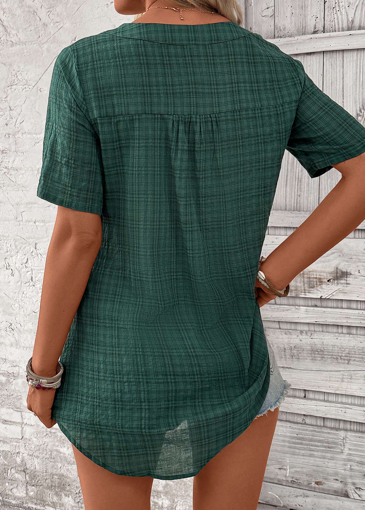 Blackish Green Button Plaid Short Sleeve Split Neck Blouse | picture 