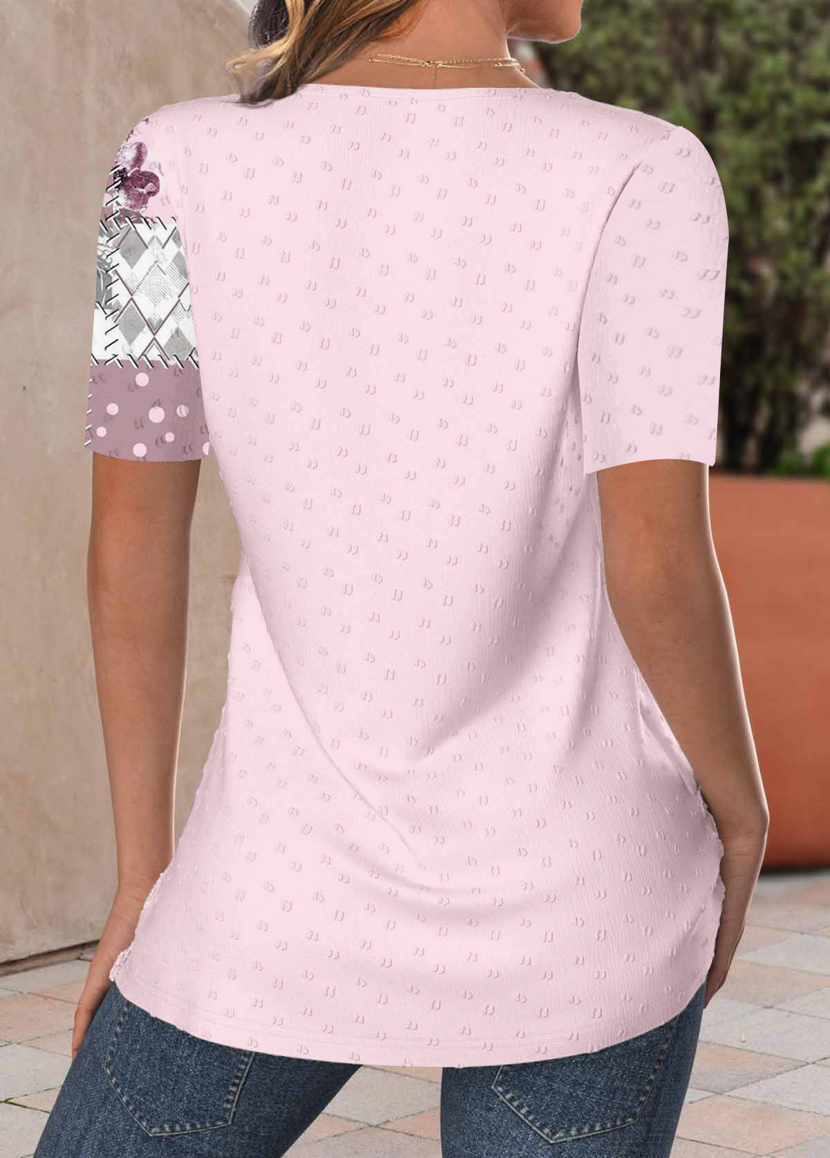 Pink Patchwork Short Sleeve Asymmetrical Neck Blouse | picture 