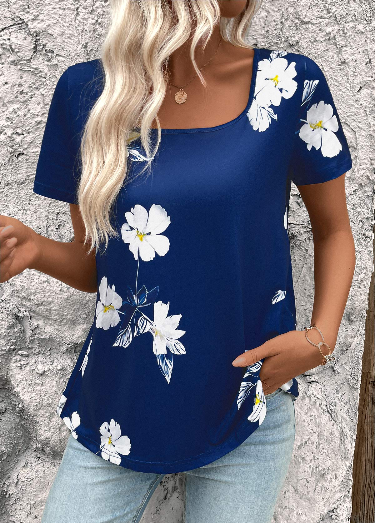 Dark Blue Floral Print Short Sleeve T Shirt | picture 