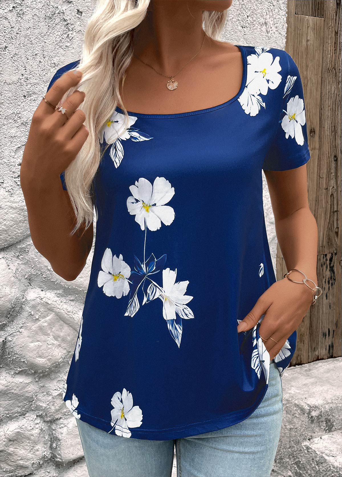 Dark Blue Floral Print Short Sleeve T Shirt | picture 
