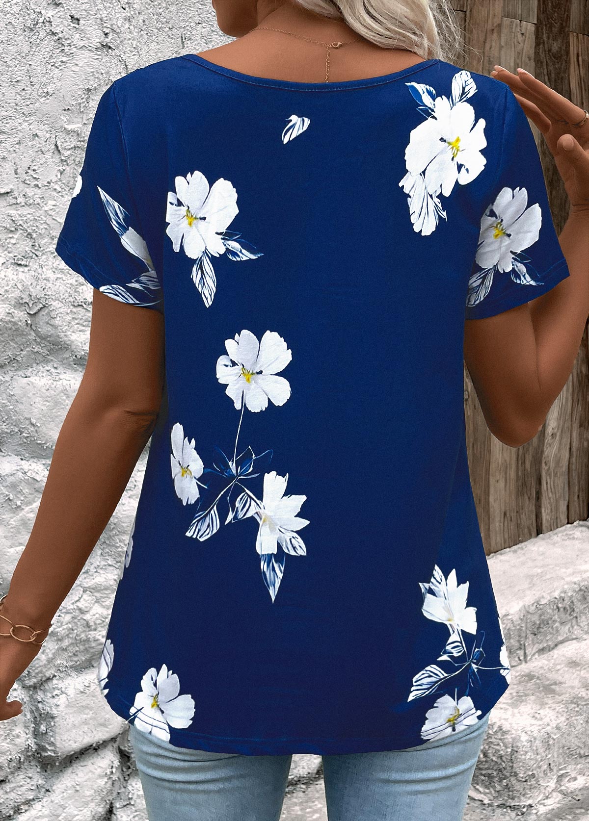 Dark Blue Floral Print Short Sleeve T Shirt | picture 