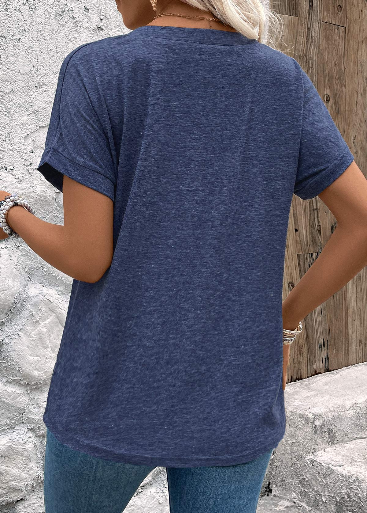 Navy Button Short Sleeve V Neck Blouse | picture 