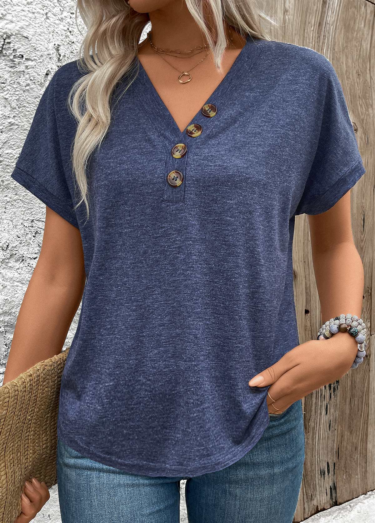 Navy Button Short Sleeve V Neck Blouse | picture 