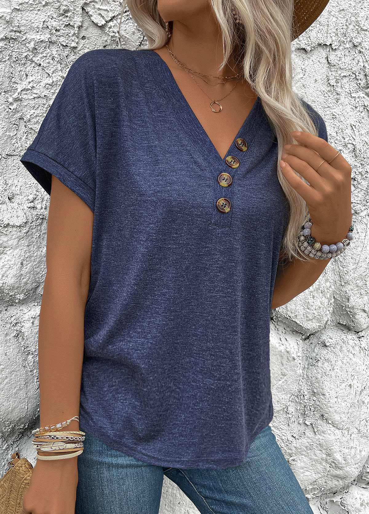 Navy Button Short Sleeve V Neck Blouse | picture 