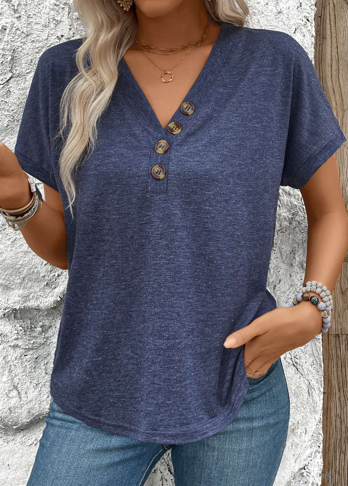 Navy Button Short Sleeve V Neck Blouse | picture 
