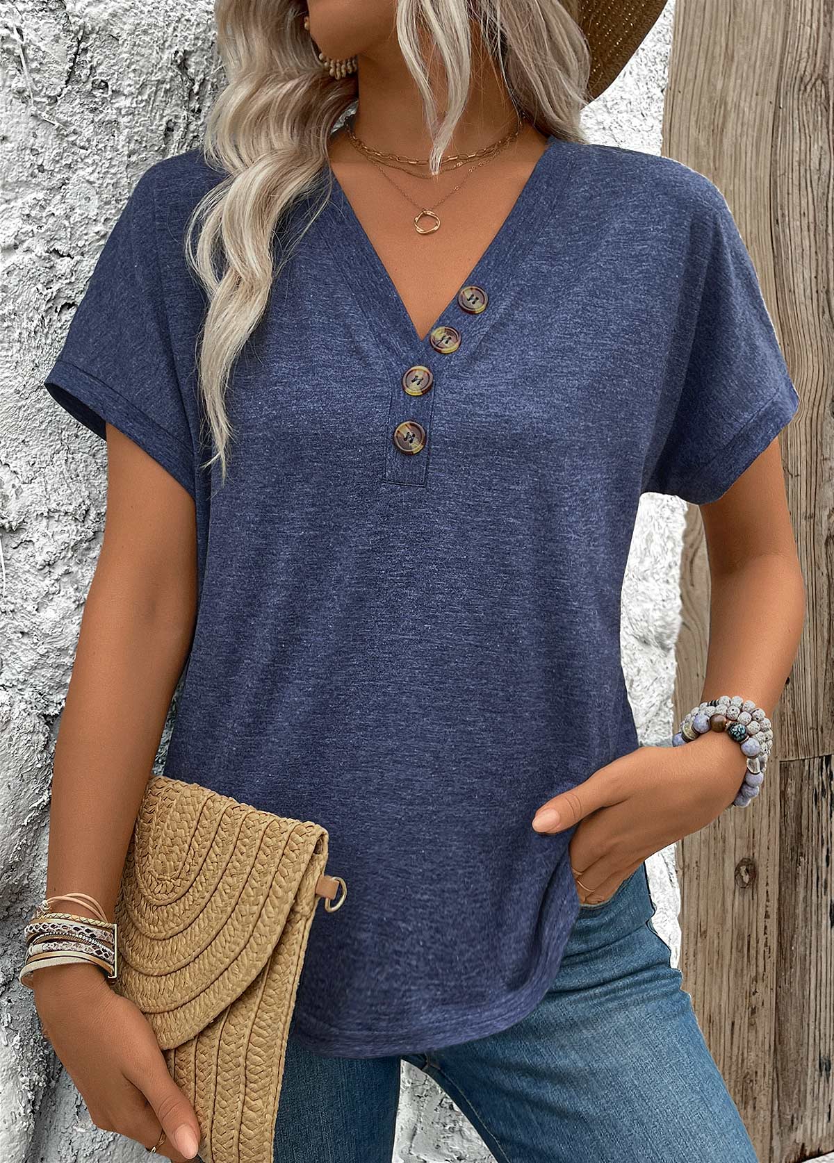 Navy Button Short Sleeve V Neck Blouse | picture 