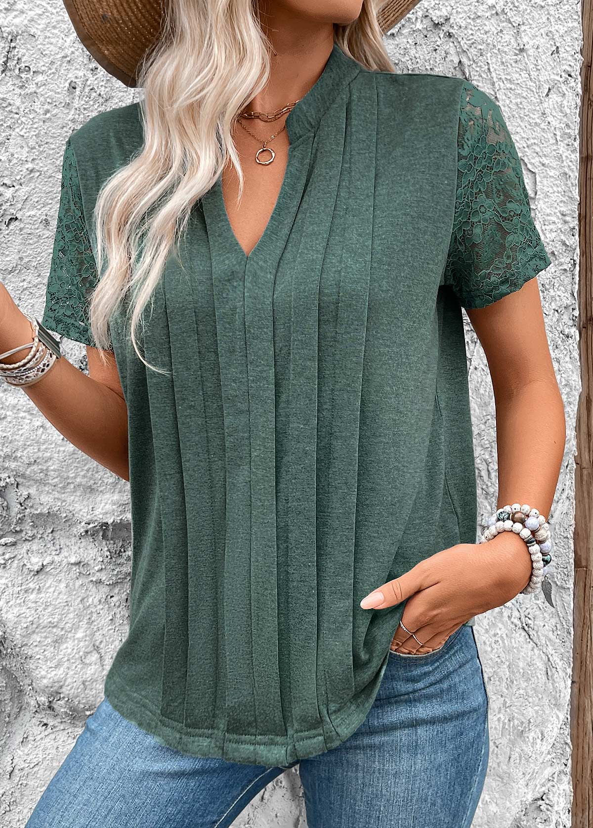 Green Pleated Short Sleeve Split Neck T Shirt | picture 