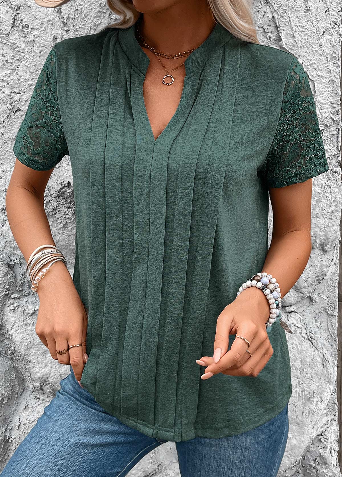 Green Pleated Short Sleeve Split Neck T Shirt | picture 