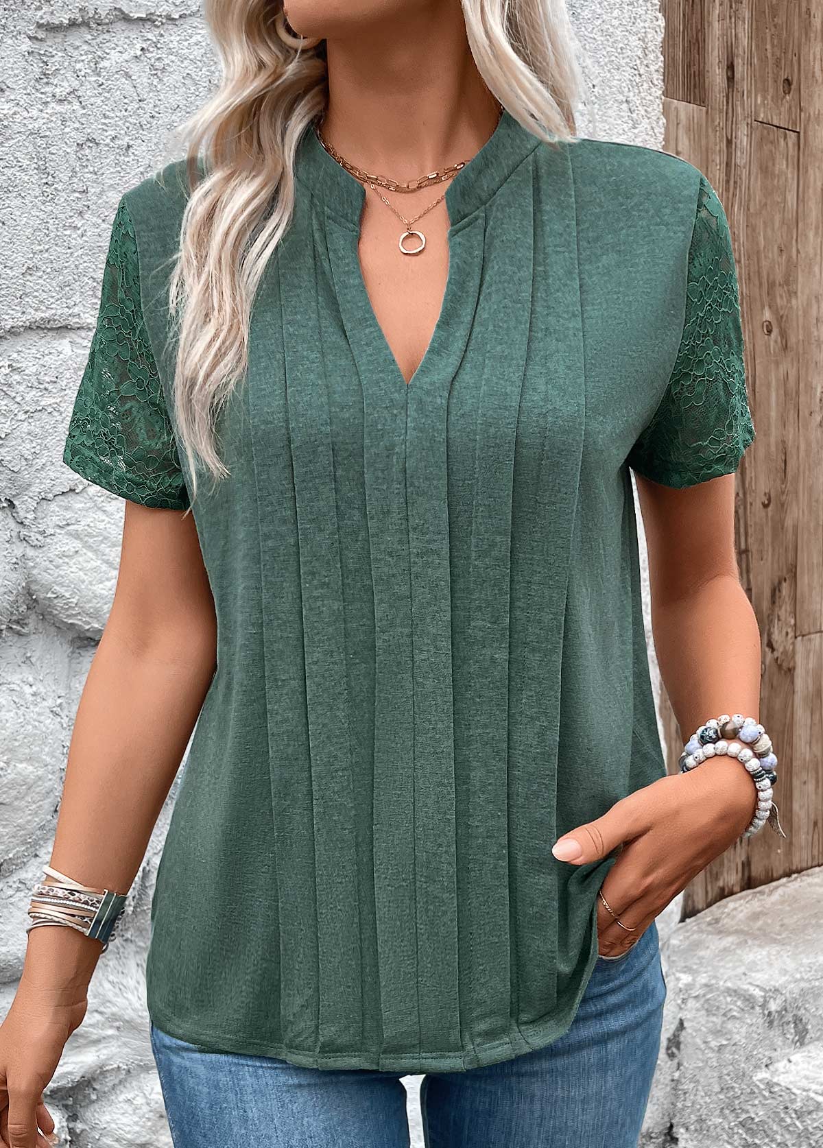 Green Pleated Short Sleeve Split Neck T Shirt | picture 