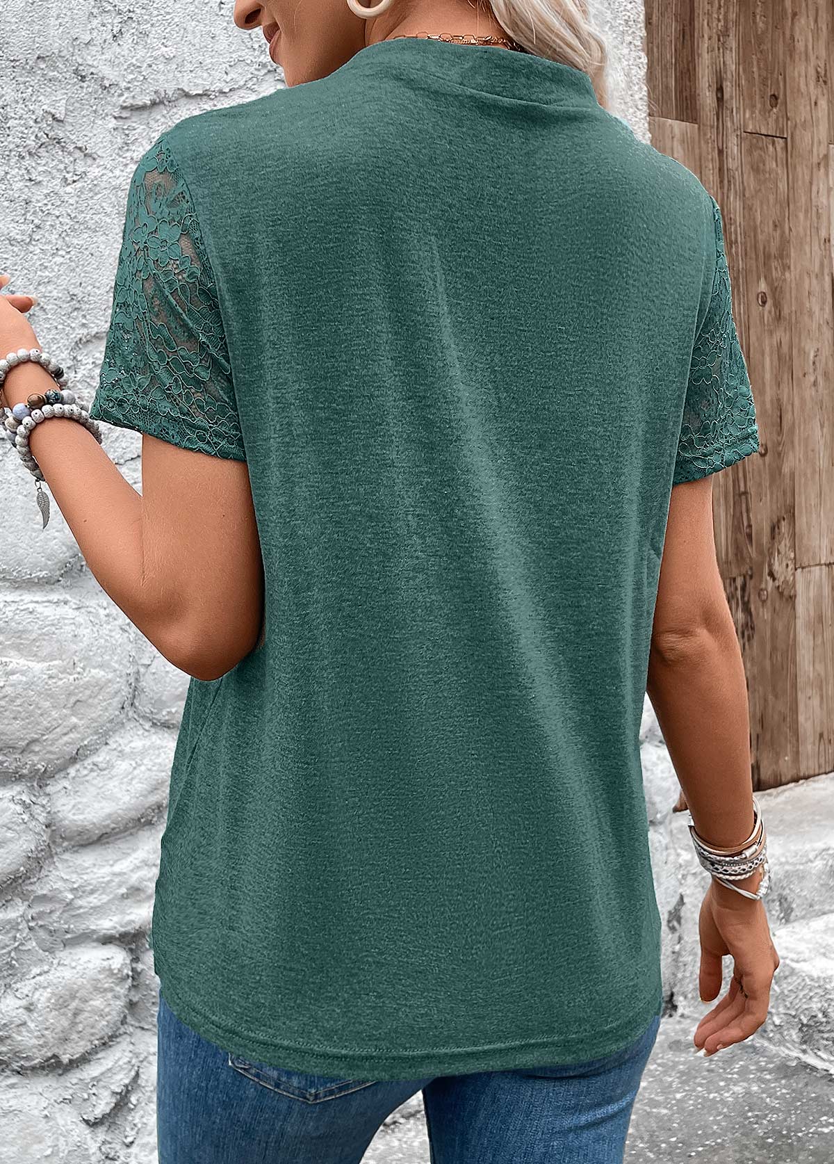 Green Pleated Short Sleeve Split Neck T Shirt | picture 