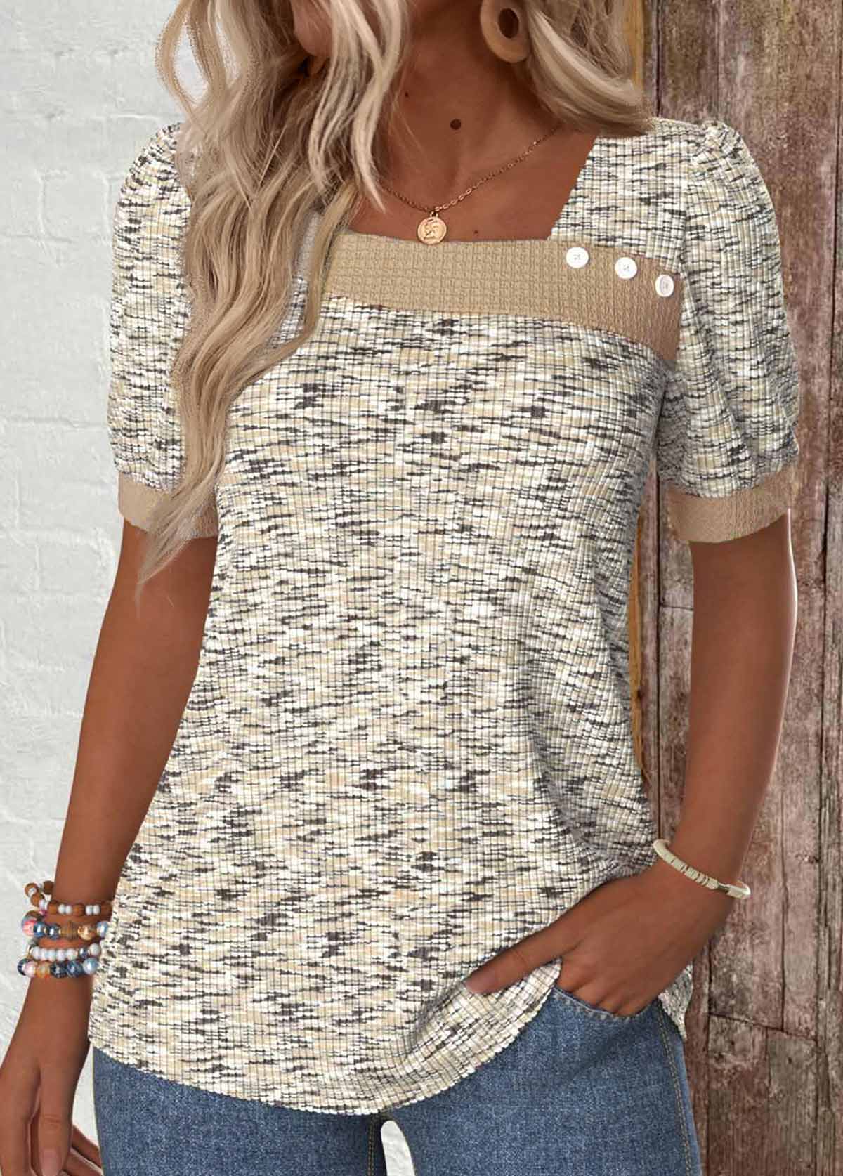 Light Coffee Button Short Sleeve Asymmetrical Neck T Shirt | picture 