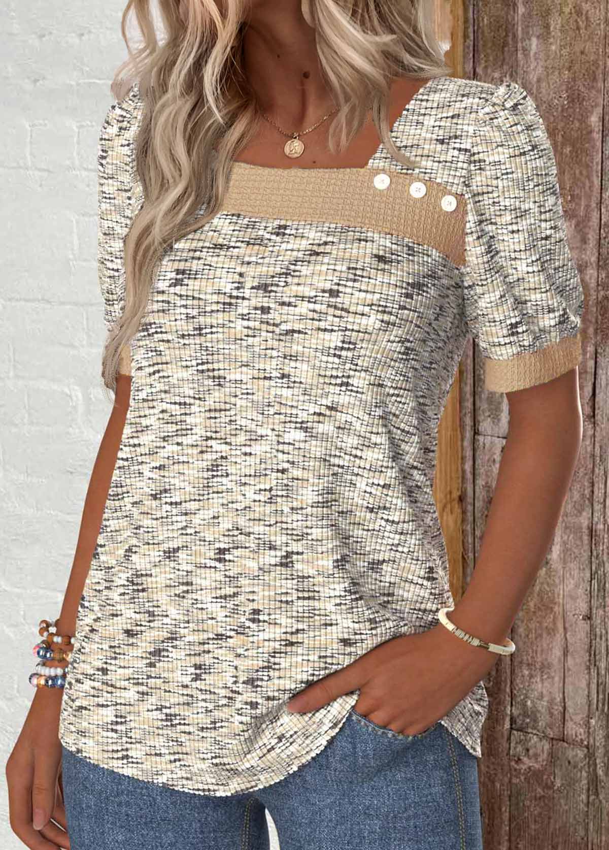 Light Coffee Button Short Sleeve Asymmetrical Neck T Shirt | picture 