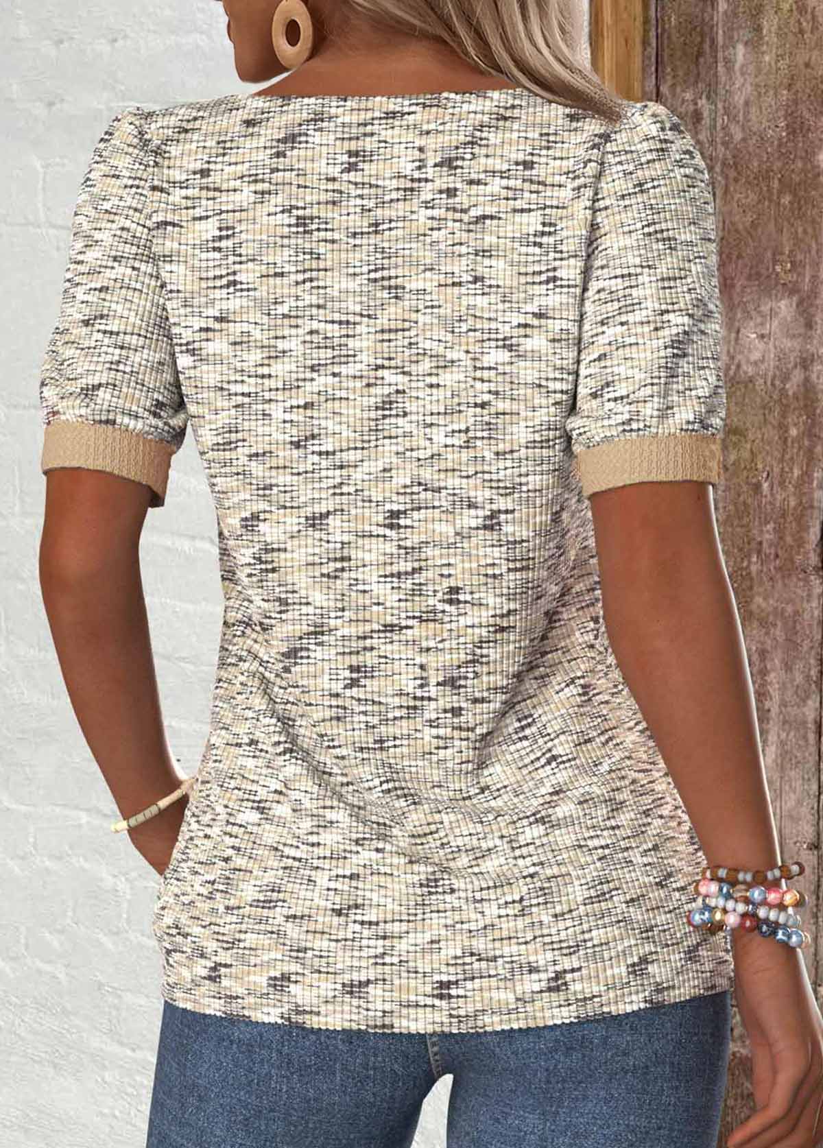 Light Coffee Button Short Sleeve Asymmetrical Neck T Shirt | picture 