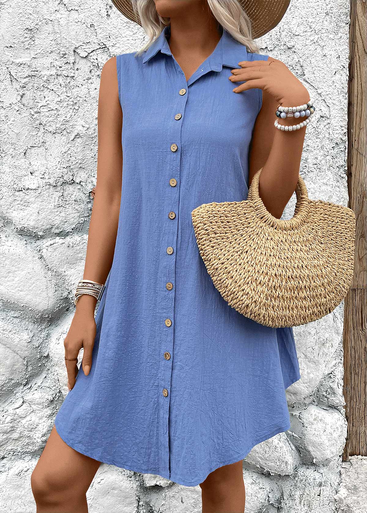 Denim Blue Button A Line Sleeveless Shirt Collar Dress | picture 