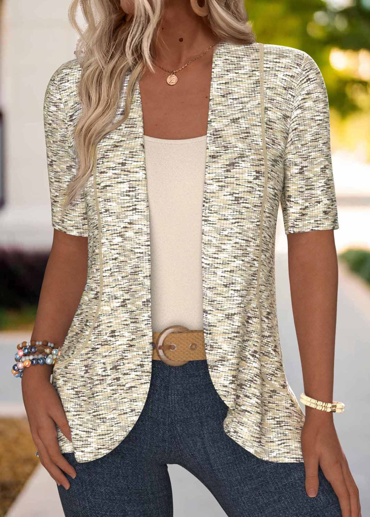 Light Coffee Open Front 3/4 Sleeve Coat | picture 