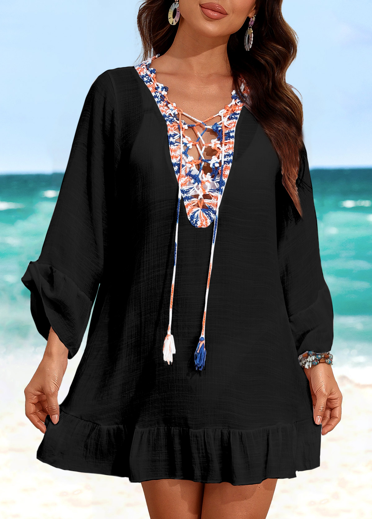 Patchwork Lace Up Black Cover Up | picture 