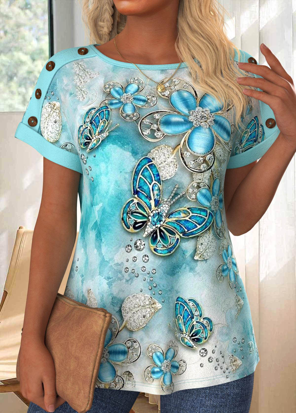 Light Blue Button Butterfly Print Short Sleeve T Shirt | picture 