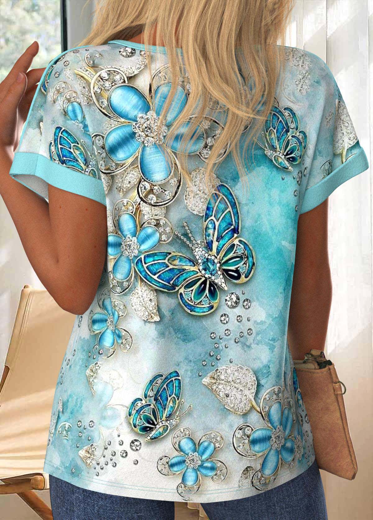 Light Blue Button Butterfly Print Short Sleeve T Shirt | picture 