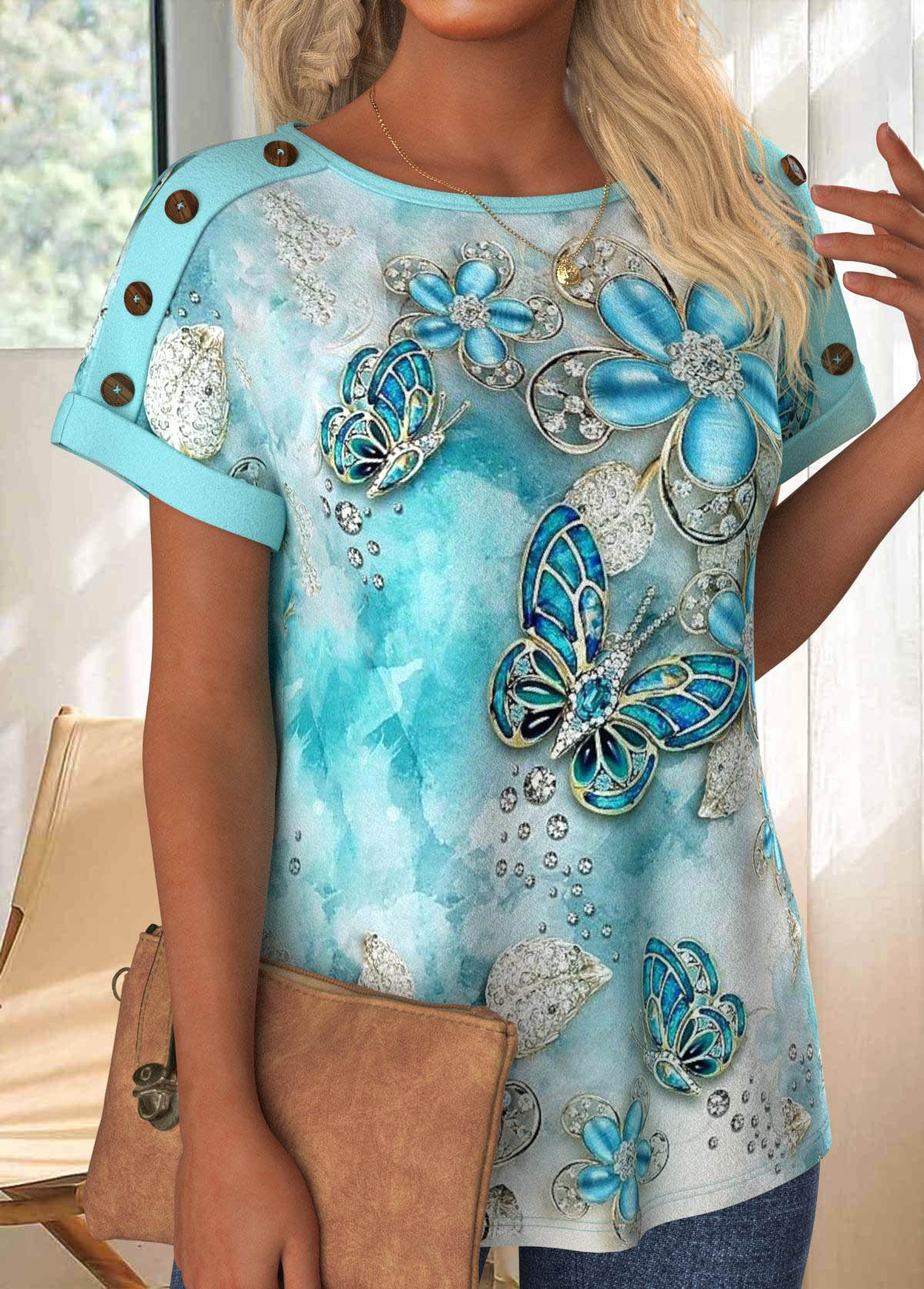 Light Blue Button Butterfly Print Short Sleeve T Shirt | picture 