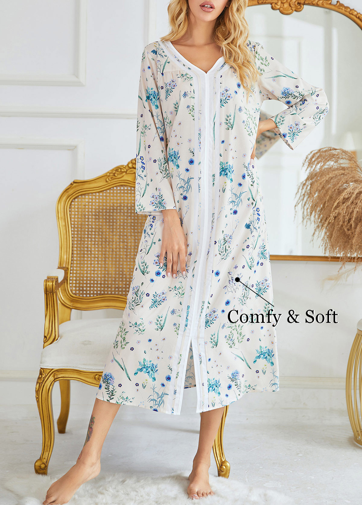 Blue Ditsy Floral Print Long Sleeve V Neck Nightdress | picture 