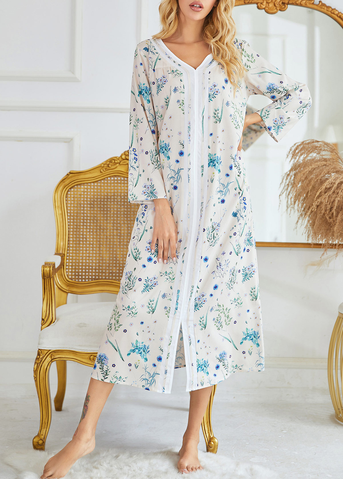 Blue Ditsy Floral Print Long Sleeve V Neck Nightdress | picture 