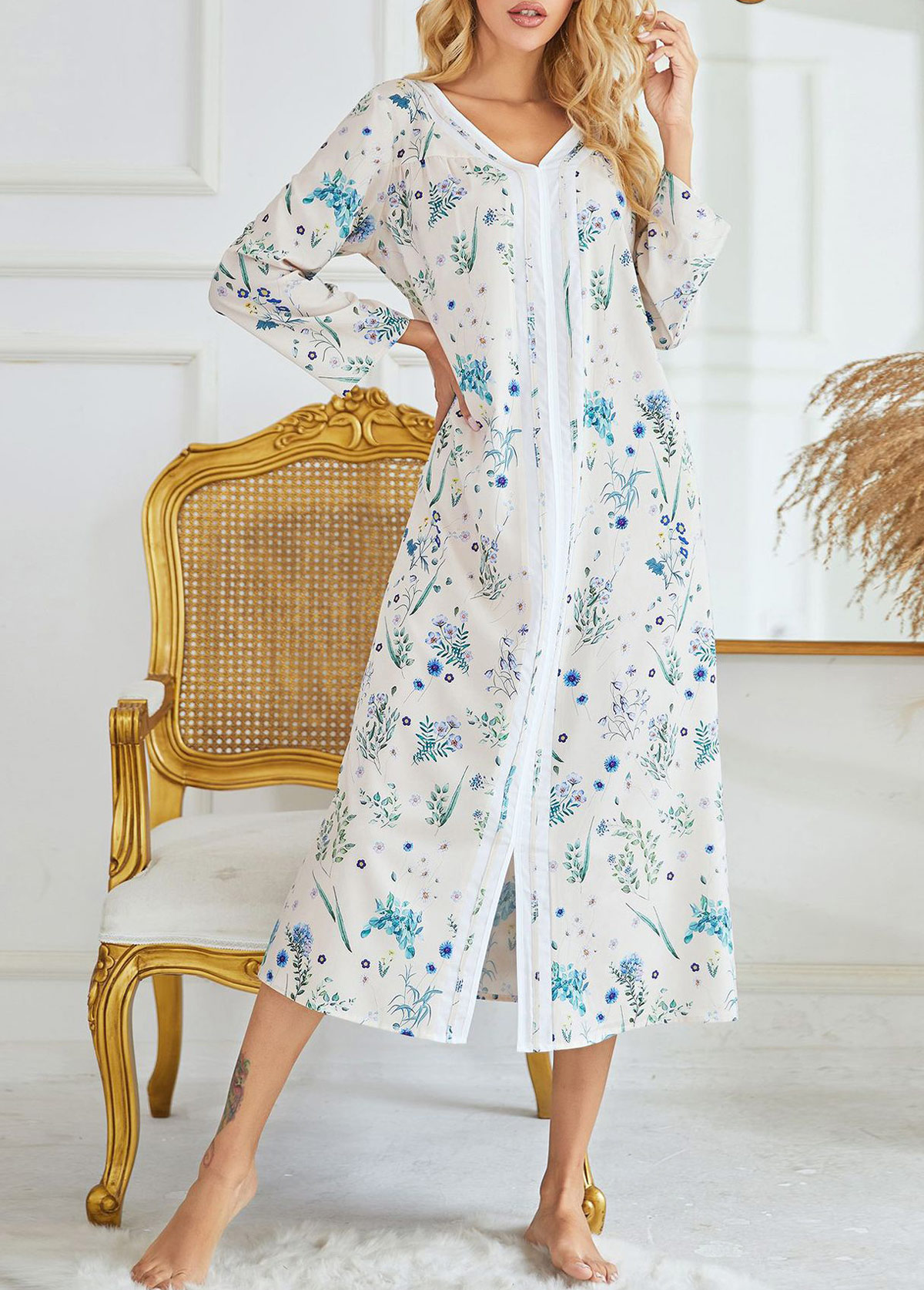 Blue Ditsy Floral Print Long Sleeve V Neck Nightdress | picture 