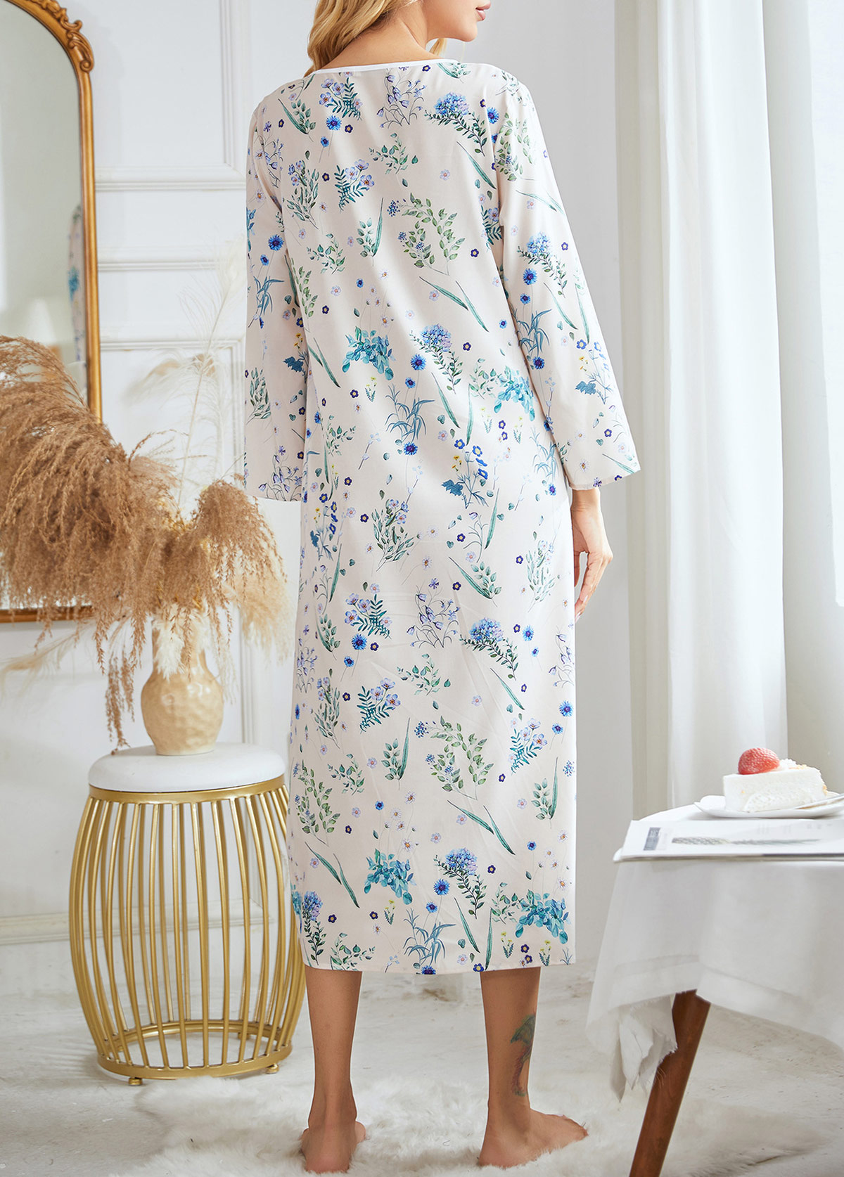 Blue Ditsy Floral Print Long Sleeve V Neck Nightdress | picture 