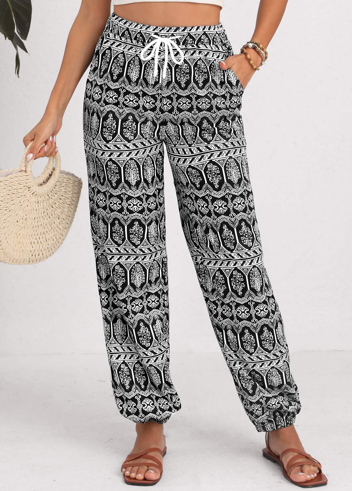 Black Drawstring Tribal Print Jogger Elastic Waist Pants