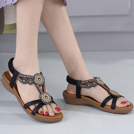 Falt Black Tribal Print Open Toe Scandals | picture 