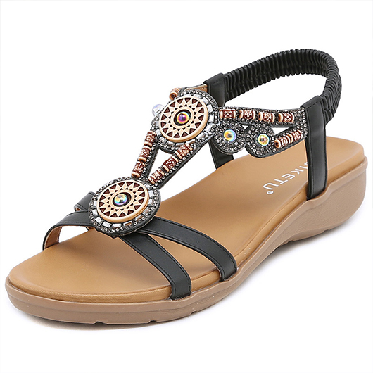 Falt Black Tribal Print Open Toe Scandals | picture 