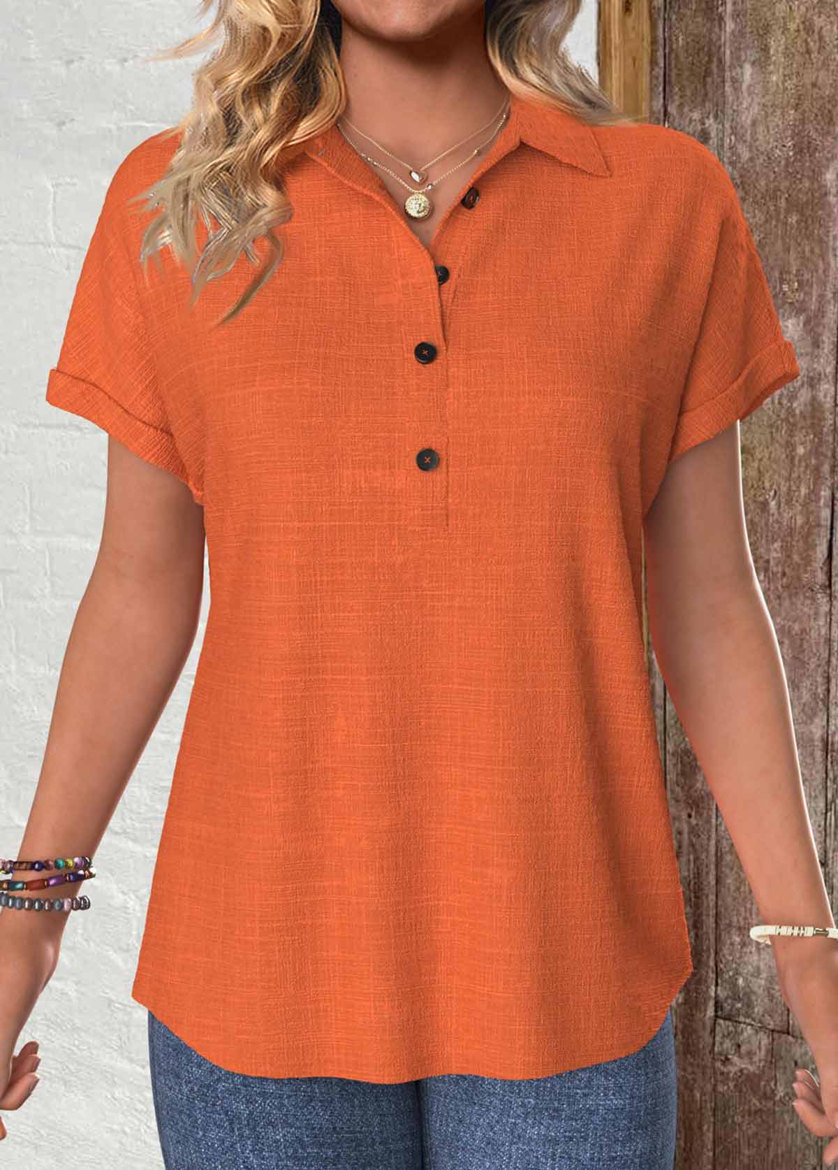 Terracotta Button Short Sleeve Shirt Collar Blouse | picture 