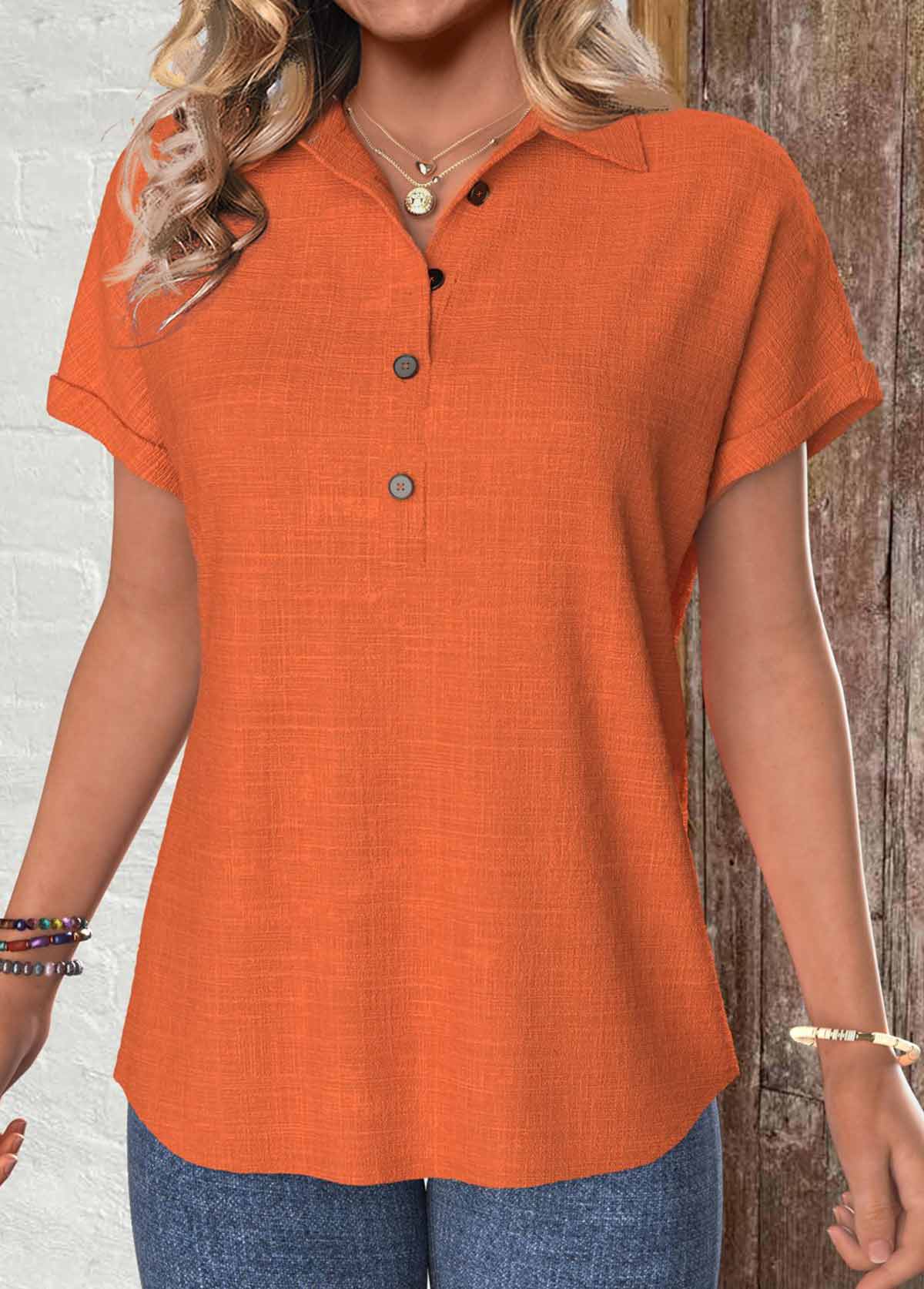 Terracotta Button Short Sleeve Shirt Collar Blouse | picture 