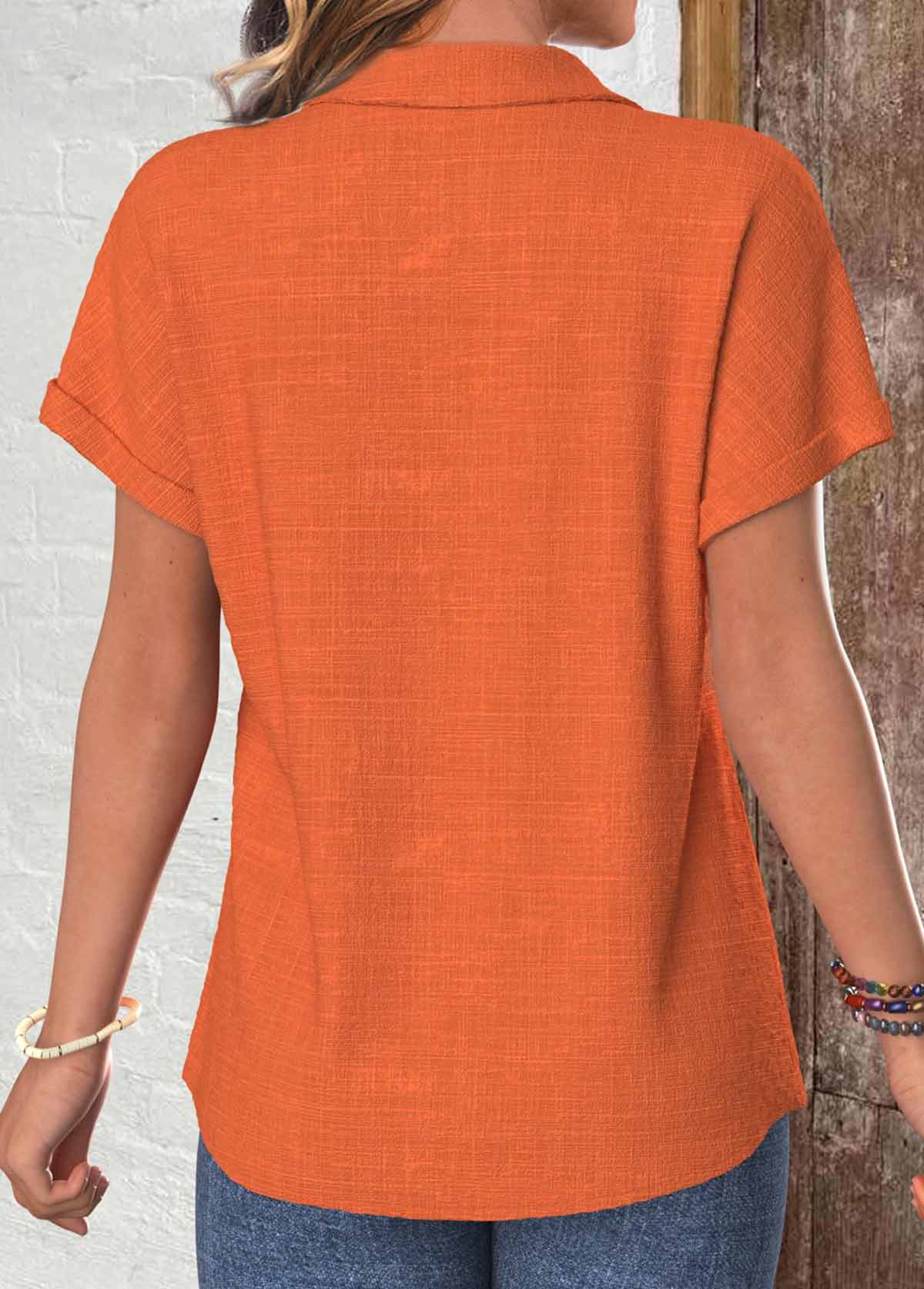 Terracotta Button Short Sleeve Shirt Collar Blouse | picture 