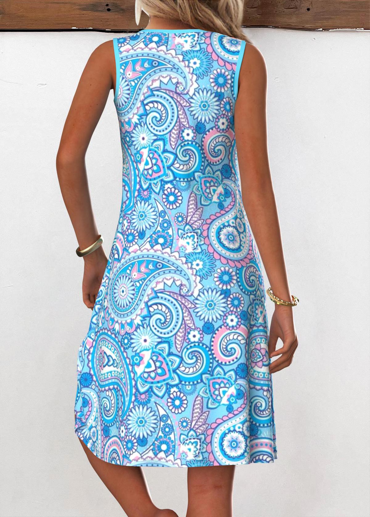 Plus Size Light Blue Tummy Coverage Paisley Print Dress | picture 