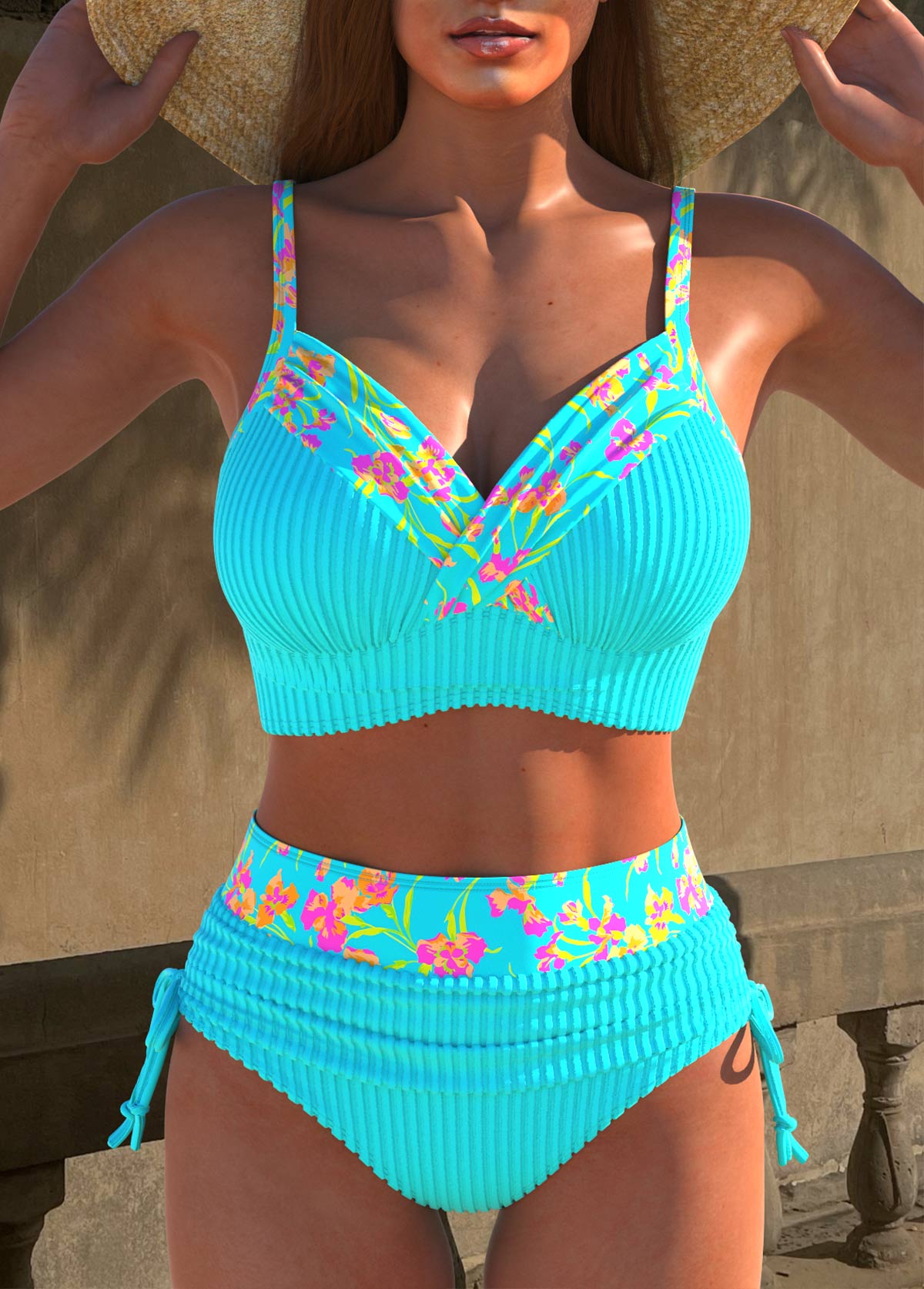 Jacquard Floral Print Cyan Bikini Set | picture 