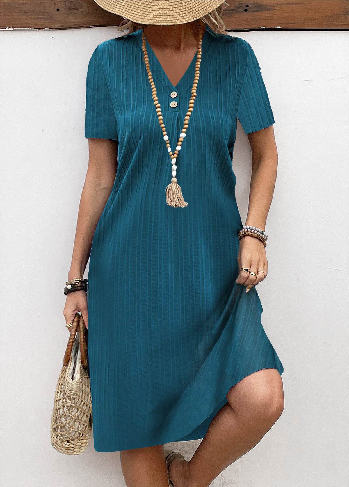 Turquoise Button A Line Short Sleeve V Neck Dress | picture 