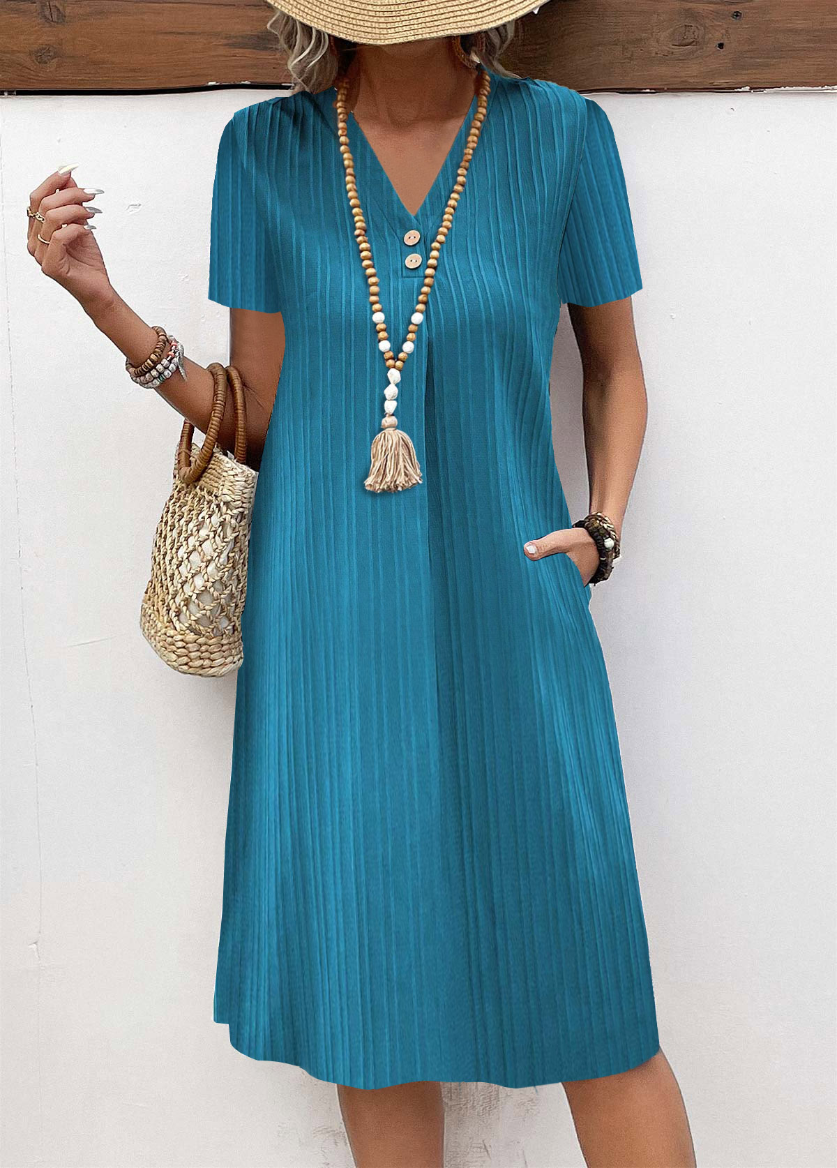 Turquoise Button A Line Short Sleeve V Neck Dress | picture 