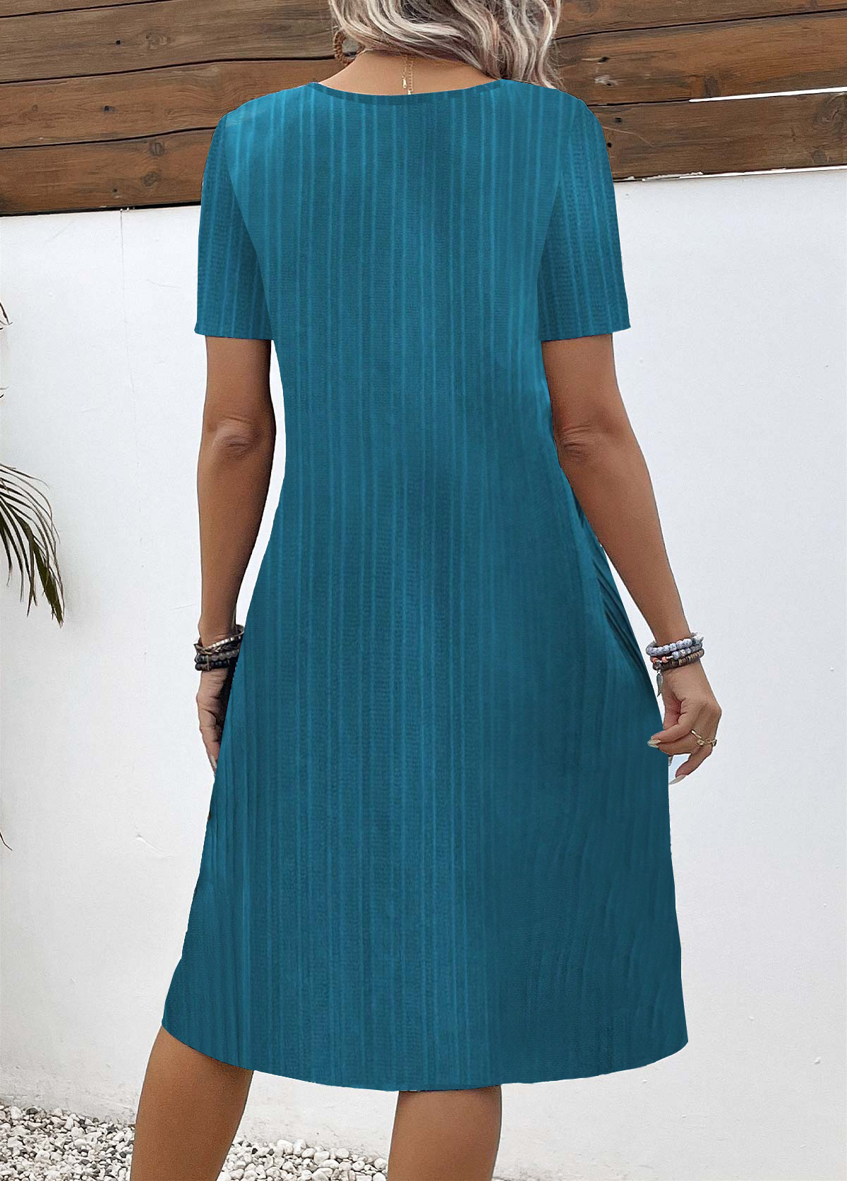 Turquoise Button A Line Short Sleeve V Neck Dress | picture 