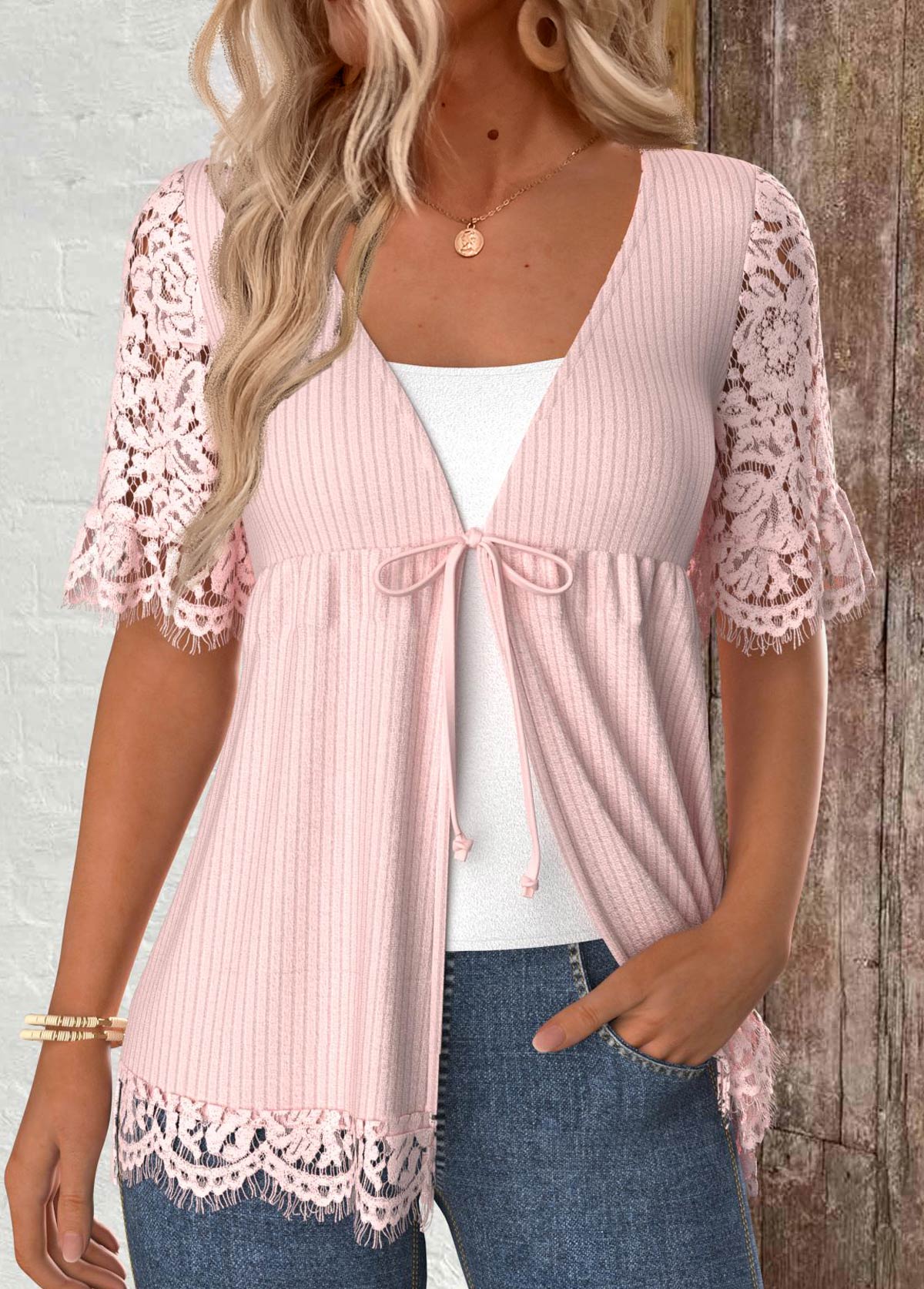Lace Short Sleeve Bowknot Light Cardigan | picture 